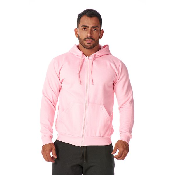 Moletom Masculino Rosa com Zíper e Bolso Canguru 