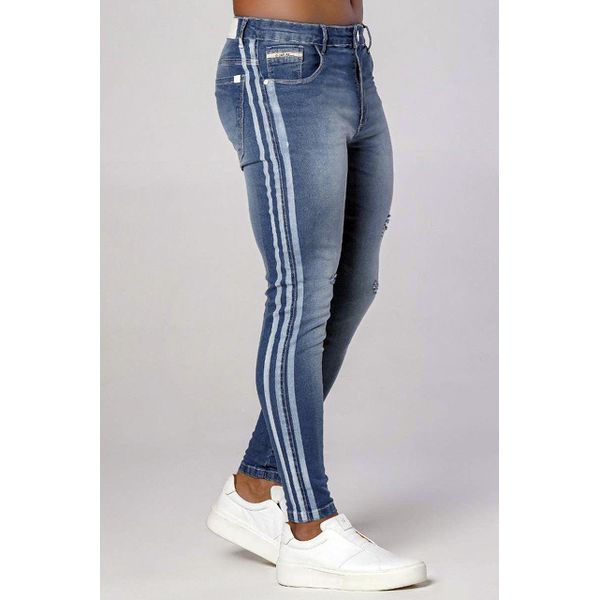 Calça Jeans Skinny Faixa Dupla Lateral Com Devorê Destroyed