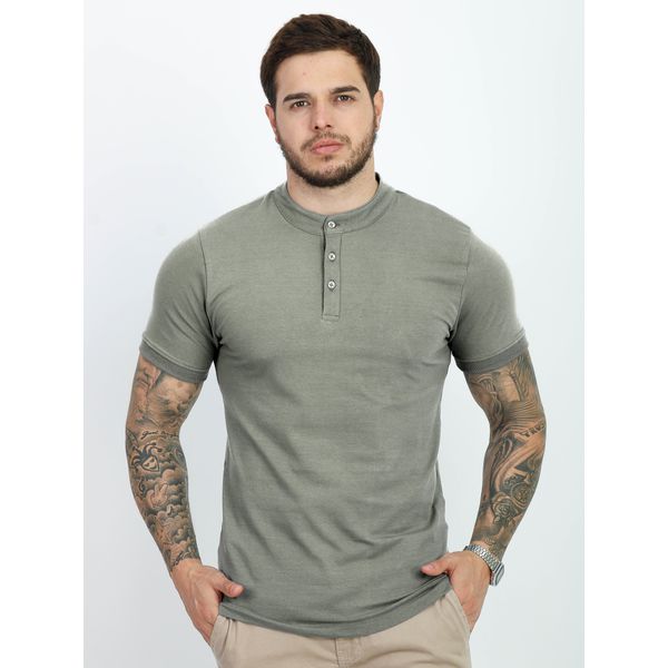 Camiseta Masculina Henley Camisa Gola Padre Suedine Slim Fit Verde-Crepom