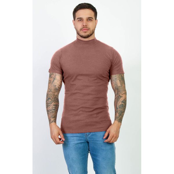 Camiseta Canelada Slim Gola Alta Masculina Gola Rolê Premium Nude