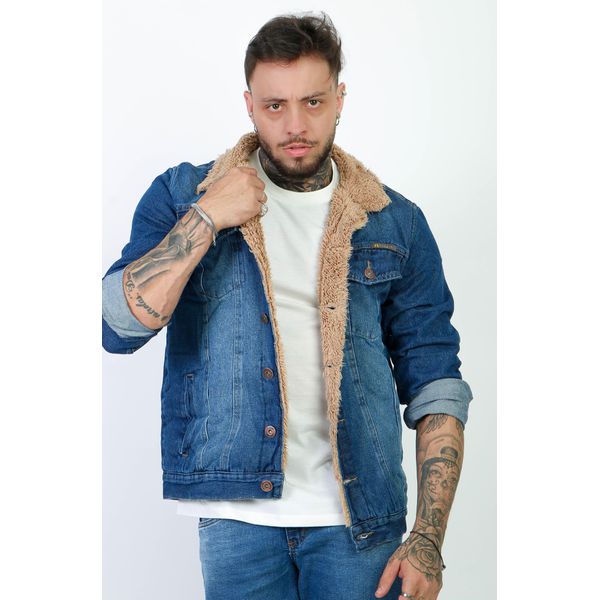 Jaqueta Jeans Masculina Sherpa Pelinho Forrada Com Pelo Azul