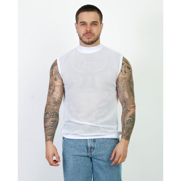 Camiseta Regata Gola Alta Malha Ramada Telinha Textura Slim Branco
