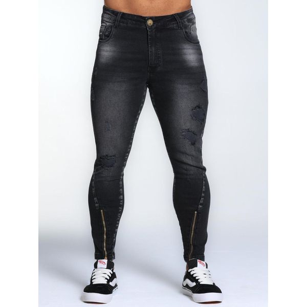Calça Jeans Destroyed Marmorizada Ziper Na Barra Codi Jeans Preto