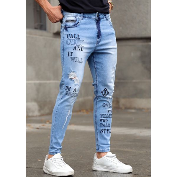 Calça Jeans Skinny Destroyed Rasgada Bordado Detalhe Premium Azul