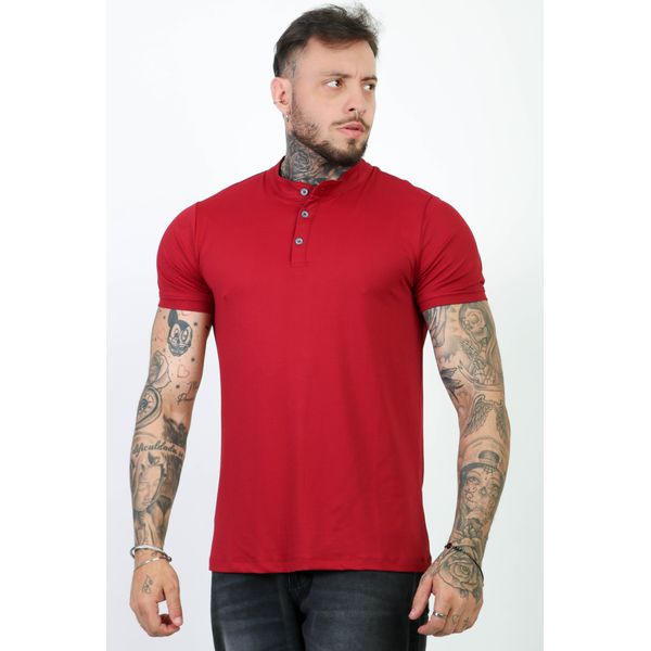 Camiseta Henley Gola Padre Vermelha Suedine Slim Fit Premium Vermelho