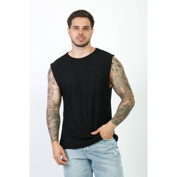 Camiseta Regata Praia Malha Crochê Lã Texturizada Masculina Preto