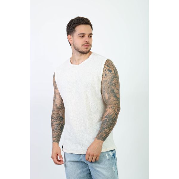 Camiseta Regata Praia Malha Crochê Lã Texturizada Masculina Off-White