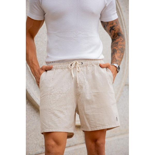 Short Curto Masculino Bermuda Linho Alfaiataria Slim Fit Bege