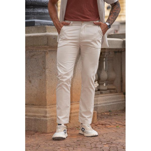 Calça Alfaiataria Linho Slim Fit Masculina Social Premium Bege