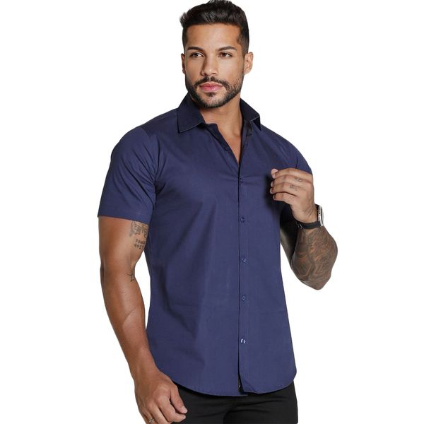 Camisa Social Masculina INTO THE AM - Manga Curta Índigo Tamanho P