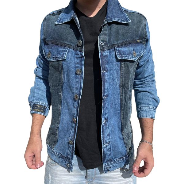 Jaqueta Jeans Azul Detalhes Bicolor Masculina Moda Inverno