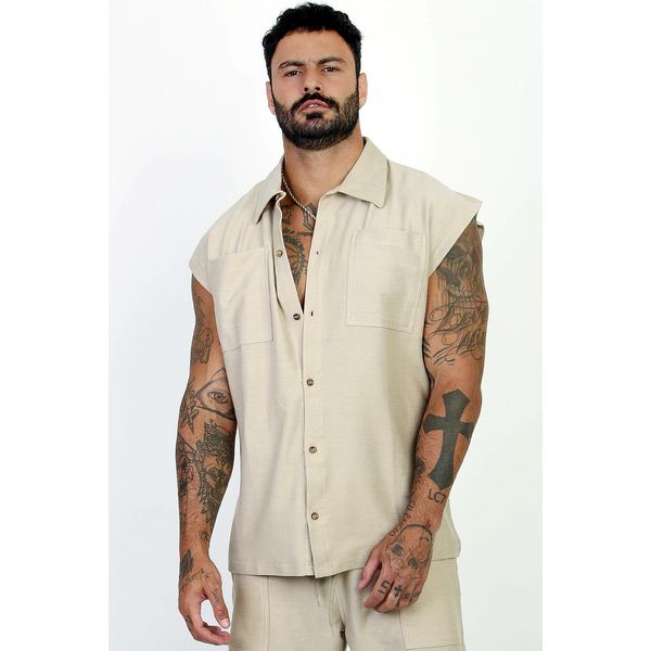 Colete Regata Camisa Com Botões Masculino Oversized Moletinho Penteado Bege