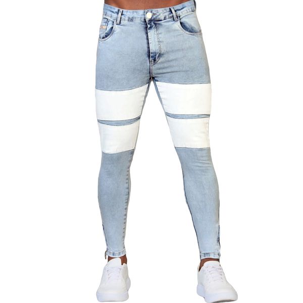 Calça Jeans Skinny Com Zíper Na Barra Detalhes Faixa Premium