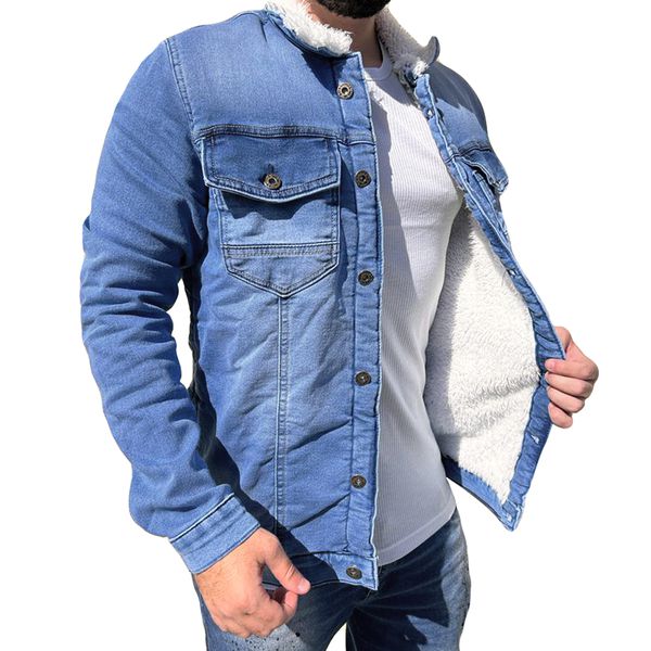 Jaqueta Jeans Slim Fit Forrada Com Pelo Gola Pelinho Premium
