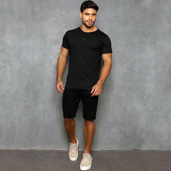 Bermuda Alfaiataria Skinny Slim Preta Risca De Giz Masculina