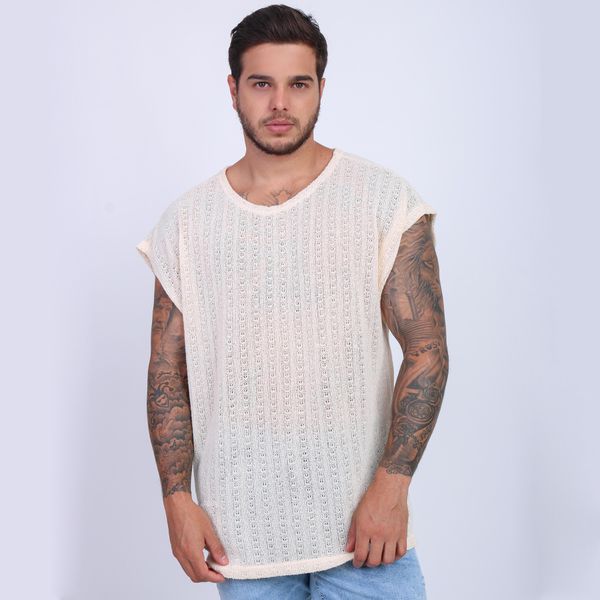 Camiseta Regata Oversized Crochê Lã Transparente Masculina