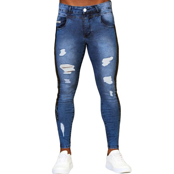 Calça Jeans Masculina Skinny Devorê Detalhe Destroyed E Silk