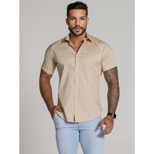 Camisa Social Manga Curta Codi Jeans Toque Acetinado - Bege