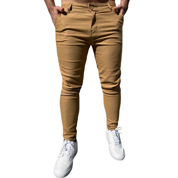 Calça Alfaiataria Twill Cáqui Masculina Skinny Social Com Textura