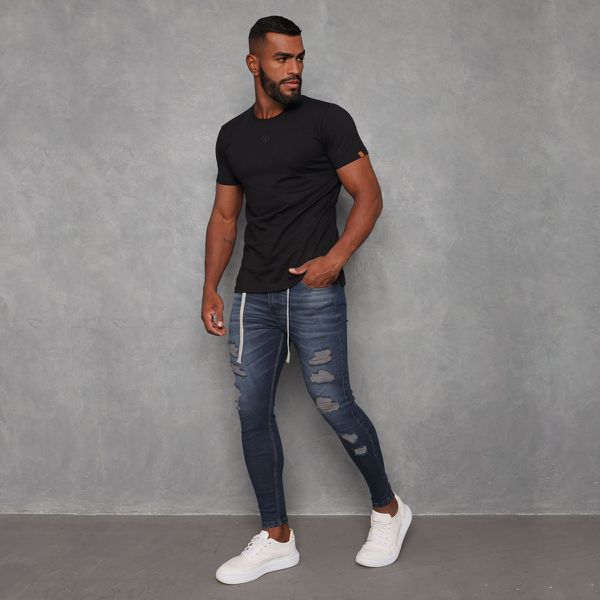 Calça Jeans Escura Skinny Destroyed Detalhe Cintura Premium