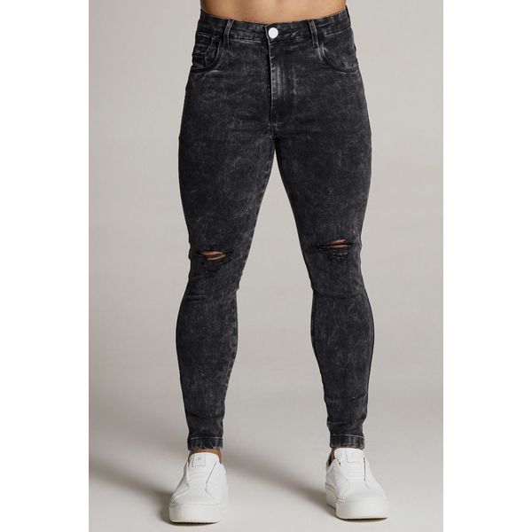 Calça Preta Marmorizada Skinny Rasgada Masculina Codi Jeans
