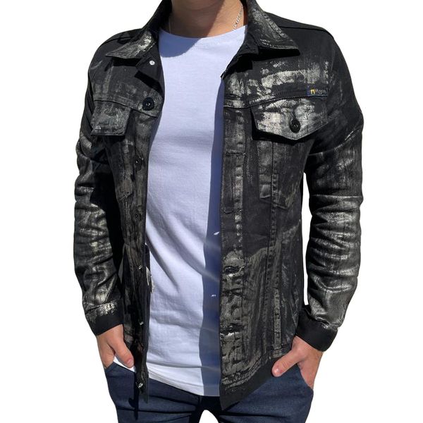 Jaqueta Jeans Preta Metalizada Marmorizada Masculina Premium
