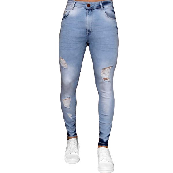 Calça Masculina Jeans Skinny Destroyed Lycra Premium Confort  Tamanho:46;Cor:Azul-15523-A3
