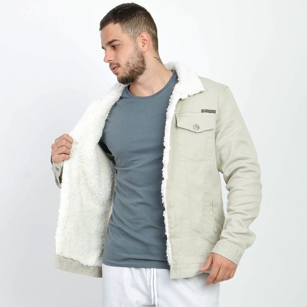 Jaqueta Sarja Masculina Sherpa Pelinho Forro Bege Carneiro