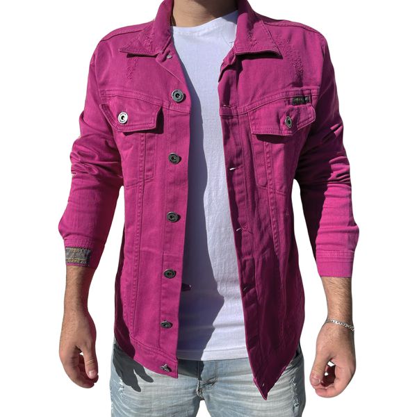 Jaqueta Sarja Jeans Neon Rosa Magenta Masculina Slim Premium
