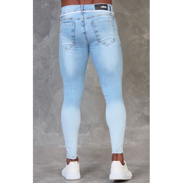Calça Jeans Azul Clara Skinny Destroyed Com Cordão Masculina