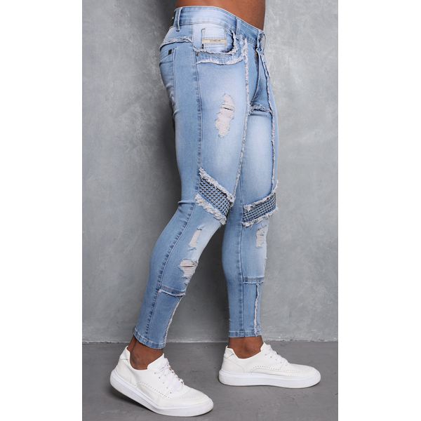 Calça Jeans Destroyed Super Skinny Recortes Tachas Premium
