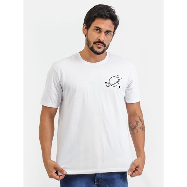 Camiseta Saturno Alien Planeta Minimalista Logo No Peito Astronomia - Branco
