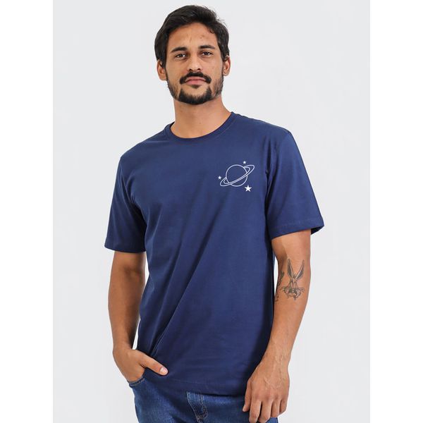 Camiseta Saturno Alien Planeta Minimalista Logo No Peito Astronomia - Azul Marinho