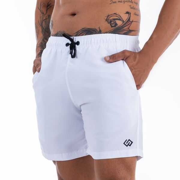 Short Praia Tactel Branco Liso Logo Preto Masculino Premium