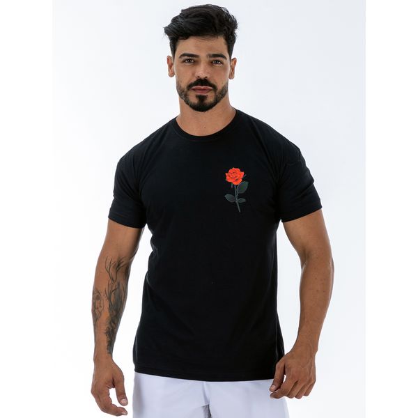 Camiseta T-Shirt Estampada Rosa Floral Vermelha - Preto