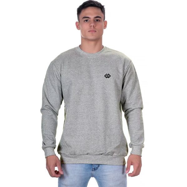 Moletom Blusa De Frio Gola Careca Estampa Básica Lisa Blusão - Cinza Mescla