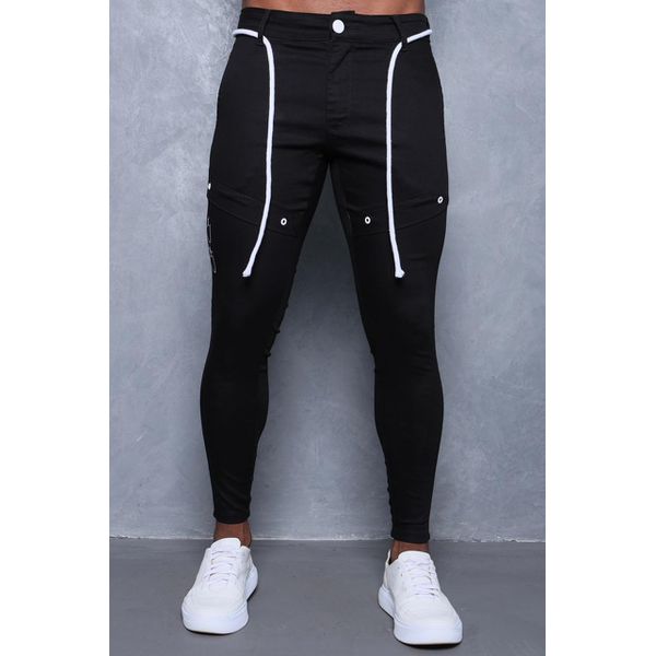 Calça Super Skinny Masculina Preta Com Cordão Detalhes Ilhós