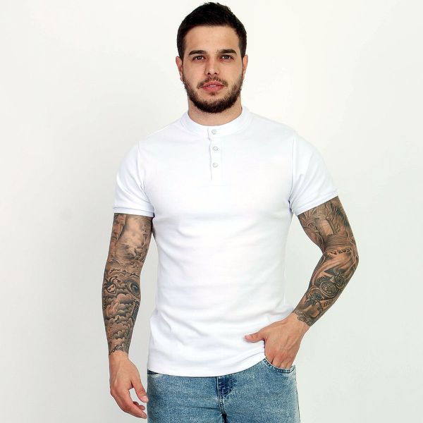 Camiseta Camisa Gola Padre Masculina Suedine Com Botão Slim Branco