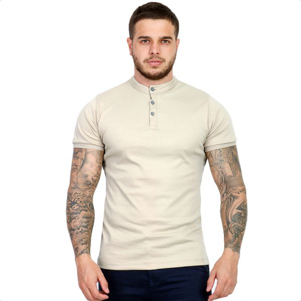 Camiseta Camisa Gola Padre Masculina Suedine Com Botão Slim Bege