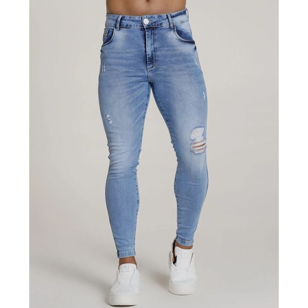 Calça Jeans Skinny Com Destroyed Rasgada Premium Sky Clean