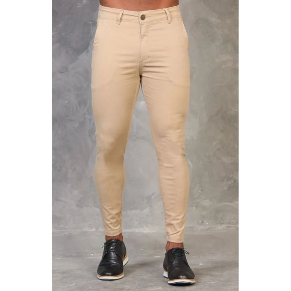 Calça Alfaiataria Sarja Cáqui Skinny Com Elastano Masculina