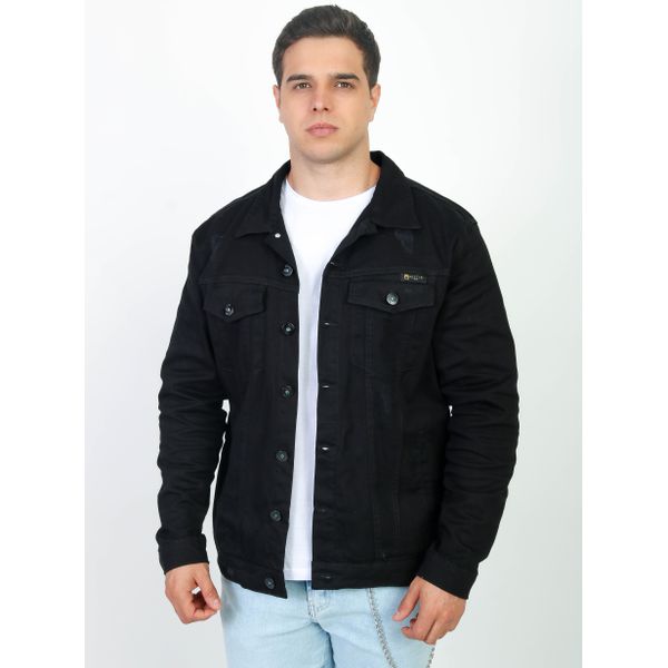Jaqueta Jeans Preta Destroyed Detalhe Premium Masculina Slim