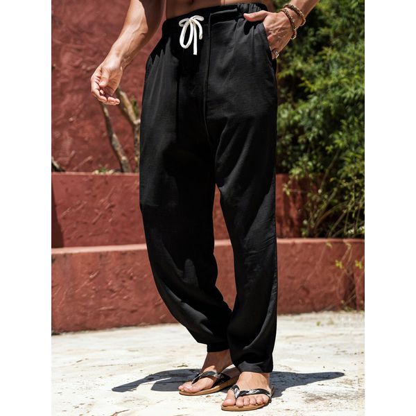 Calça Baggy Alfaiataria Linho Masculina Folgada Casual Preta