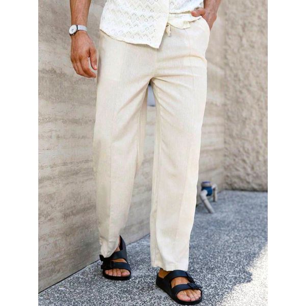 Calça Baggy Alfaiataria Linho Masculina Folgada Casual Bege