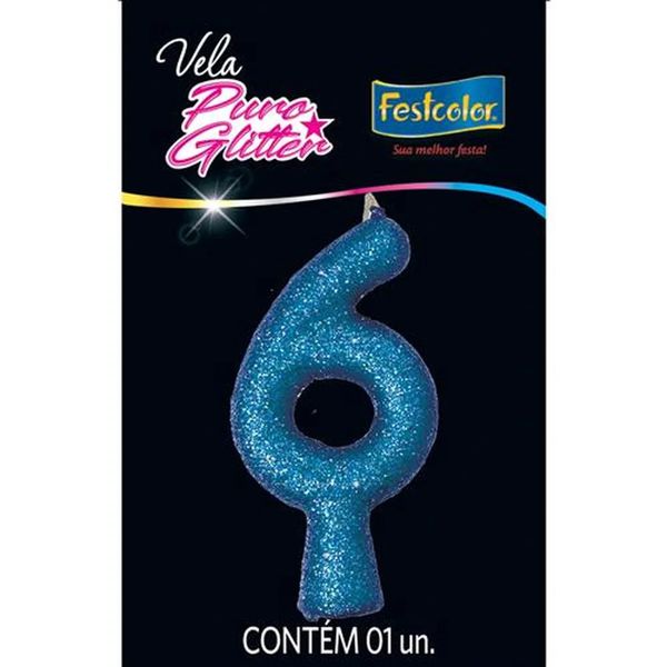 VELA PURO GLITTER AZUL N6 FESTCOLOR - 600606 - CHOKDOCE