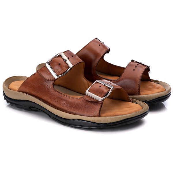 Chinelo Comfort Comfort Masculino em Couro Caramelo