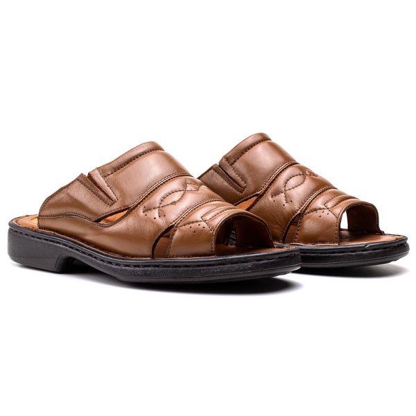 Chinelo Comfort Masculino em Couro Caramelo