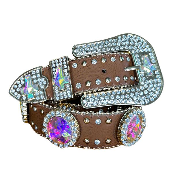 CINTO COUNTRY FEMININO EM PEDRARIAS PINK E STRASS MARROM CLARO - REF 01