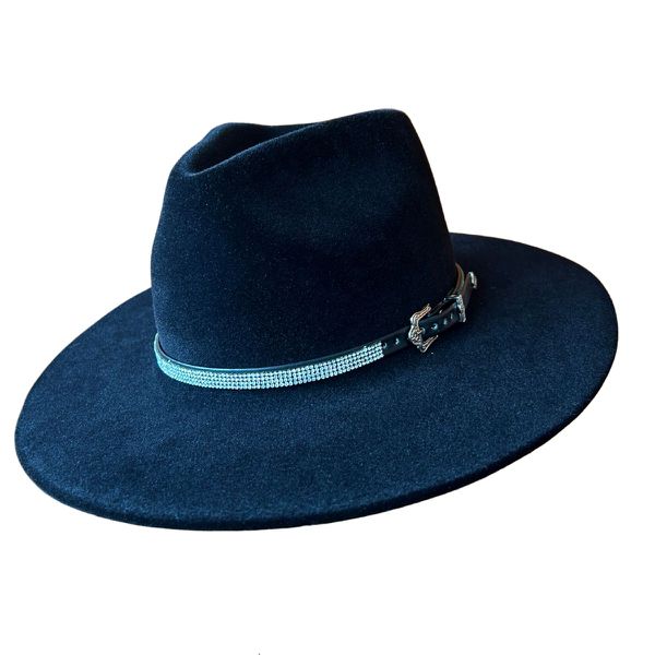 Chapéu Fedora Shine Preto Aba Média Reta 7,5 cm - Strass