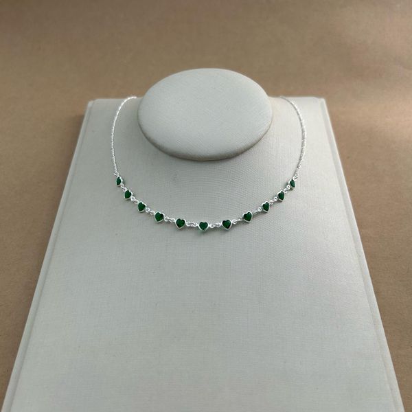 CHOKER COM 11 CORAÇÕES ZIRCÔNIA ESMERALDA CORRENTE 3 EM 1 